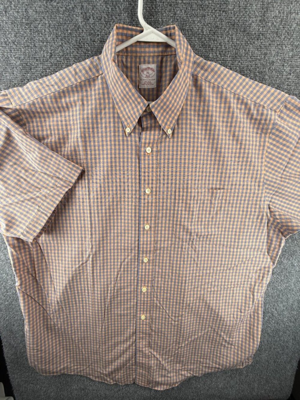 Brooks Brothers Check Non-Iron Cotton XL Button-Down Short Sleeve Blue Orange